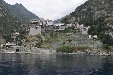 The Monastery of Dionysiou is a monastery built on Mount Athos Stock Photos