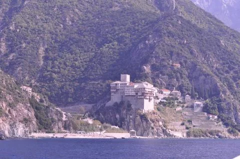 The Monastery of Dionysiou is a monastery built on Mount Athos Stock Photos