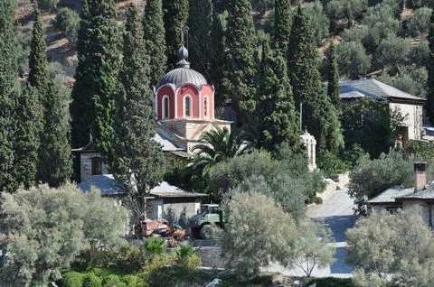 The Monastery of Docheiariou is a monastery built on Mount Athos Stock Photos