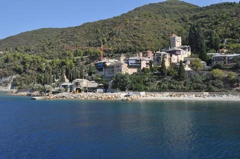 The Monastery of Docheiariou is a monastery built on Mount Athos Stock Photos