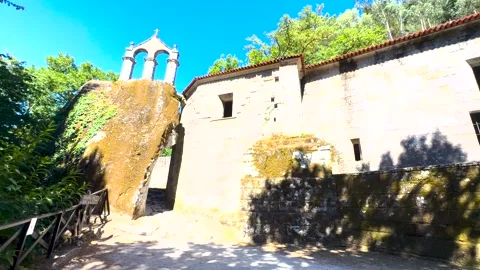 Monastery Facade and Bell Gable at San Pedro de Rocas in Esgos Video stock 343748788