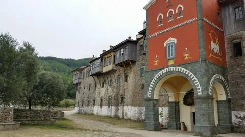 The Monastery of Filotheou is a monastery built on Mount Athos Stock Photos
