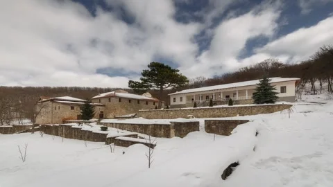 Monastery in the forest in winter Stock Footage 307706192
