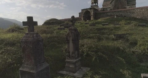 Monastery Gandzasar. headstone. vertical pan. unveiling shot. 426 21255 1. Stock Footage 90103997