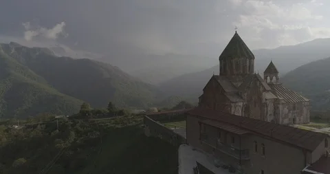 Monastery Gandzasar. yard. tree. horizontal pan. cover shot 426 134741 4. Stock Footage 90104006