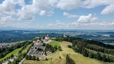 Monastery Like Hilltop Complex Surrounded by Bavarian Landscape Stock Photos
