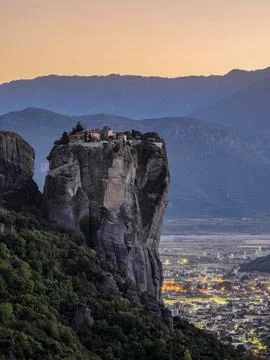 Monastery of the Holy Trinity at dusk, Meteora, UNESCO World Heritage Site, Stock Photos