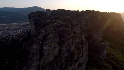 Monastery Meteora Greece.  Panoramic View of mountains and landscape at sunset. Stock Footage 116092688