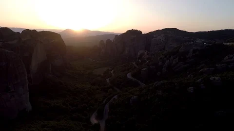 Monastery Meteora Greece.  Panoramic View of mountains and landscape at sunset. Stock Footage 116092717
