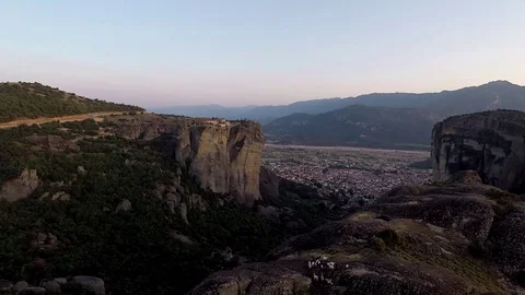 Monastery Meteora Greece.  Panoramic View of mountains and landscape at sunset. Stock Footage 116092767