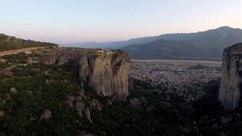 Monastery Meteora Greece.  Panoramic View of mountains and landscape at sunset. Stock Footage 116092923