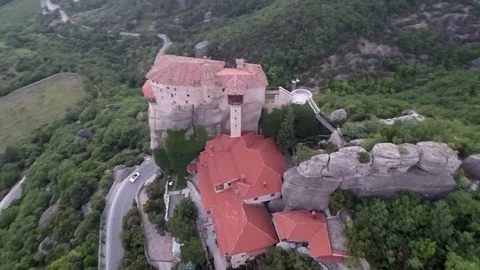 Monastery Meteora Greece.  Panoramic View of mountains and landscape at sunset. Stock Footage 116093033