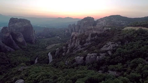 Monastery Meteora Greece.  Panoramic View of mountains and landscape at sunset. Stock Footage 116097459