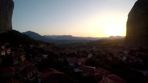 Monastery Meteora Greece.  Panoramic View of mountains and landscape at sunset. Stock Footage 116109781
