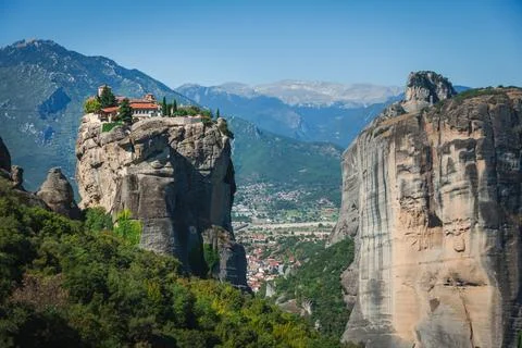 Monastery perched on rocky cliff in Meteora Stock Photos