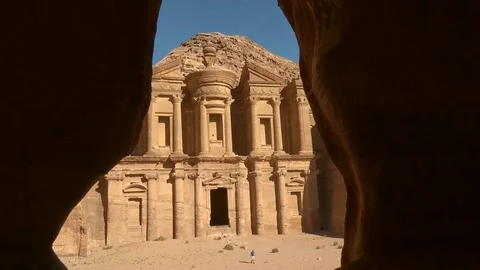 Monastery of Petra at the distance between rocks Stock Footage 83596697