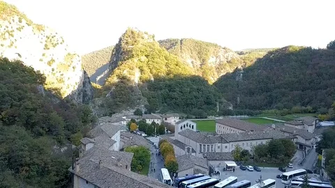Monastery of Santa Rita seen from a flying drone in Rocca Porena Stock Footage 100641028