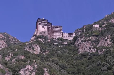 The Monastery of Simonos Petras is a monastery built on Mount Athos Stock Photos