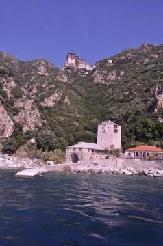 The Monastery of Simonos Petras is a monastery built on Mount Athos Stock Photos