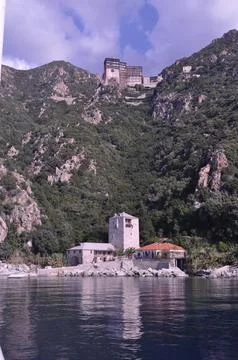 The Monastery of Simonos Petras is a monastery built on Mount Athos Stock Photos