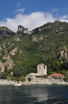 The Monastery of Simonos Petras is a monastery built on Mount Athos Stock Photos