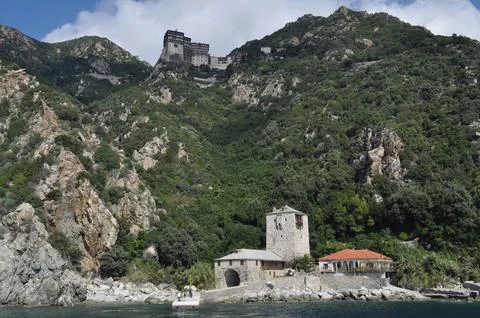 The Monastery of Simonos Petras is a monastery built on Mount Athos Stock Photos