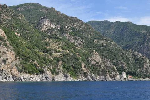 The Monastery of Simonos Petras is a monastery built on Mount Athos Stock Photos