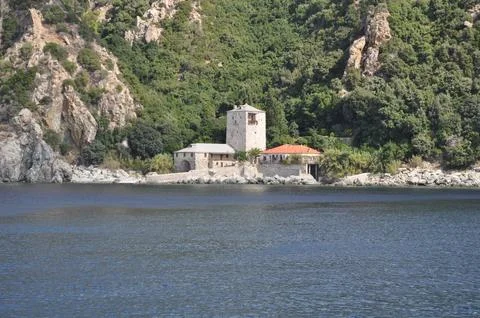 The Monastery of Simonos Petras is a monastery built on Mount Athos Stock Photos