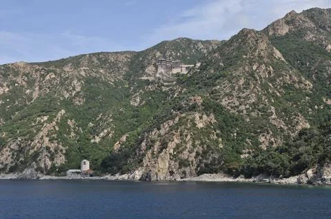 The Monastery of Simonos Petras is a monastery built on Mount Athos Stock Photos