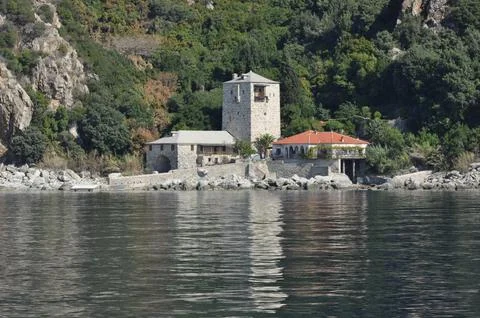 The Monastery of Simonos Petras is a monastery built on Mount Athos Stock Photos