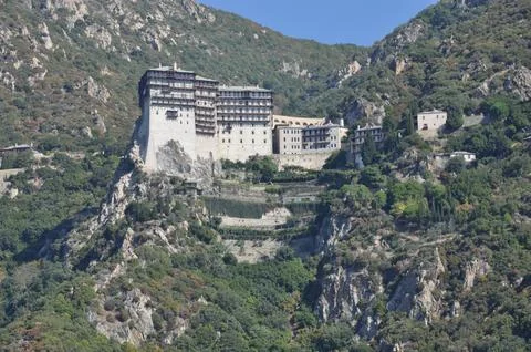 The Monastery of Simonos Petras is a monastery built on Mount Athos Stock Photos
