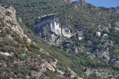 The Monastery of Simonos Petras is a monastery built on Mount Athos Stock Photos