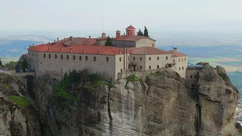 The Monastery of St. Stephen on the top of rock in Meteora, Greece. Steadicam sh Stock Footage 106974649