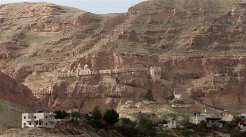 Monastery of the Temptation located in rocks of mountains - Orthodox Christian Stock Footage 47855143