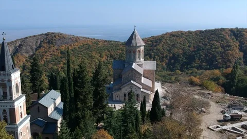 Monastery on the top of the mountains,  view from drone, aerial photography Stock Footage 106329477