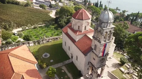 Monastery, top view. The domes of the monastery and the bell tower. Stock Footage 221500715