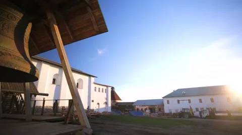 Monastery yard and huge bell of Russian Orthodox Solovetsky Monastery. Stock Footage 64929674