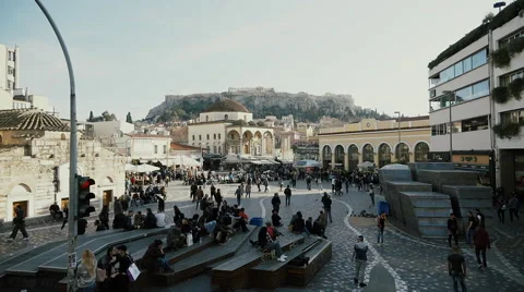 Monastiraki square Athens,Greece lockdown high angle slow motion 100p Stock Footage 60735007