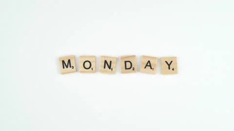 Monday Written In Scrabble Blocks. 4k Shot Of Hand Placing Wooden Game Stock Footage 156364587