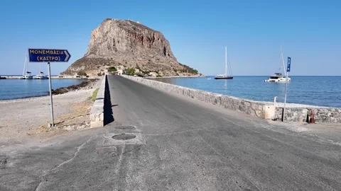 Monemvasia,Still Frame of the bridge road to the old citadel surrounded by sea 動画素材 332708752