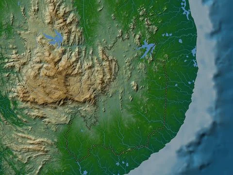 Moneragala, Sri Lanka. Colored elevation map with lakes and rivers Stock Illustration
