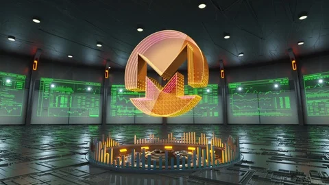 Monero crypto currency icon is surrounded by data screens Stock Footage 86874359