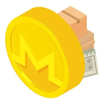 Monero cryptocurrency icon isometric vector. Golden monero coin near package box Illustrazione stock