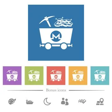 Monero cryptocurrency mining with treasure flat white icons in square backgro Stock-Illustration