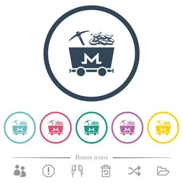 Monero cryptocurrency mining with treasure flat color icons in round outlines Stock-Illustration