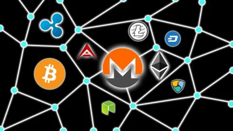 Monero Cryptocurrency Network Concept Black Background Stock Illustration