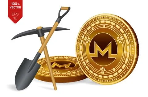 Monero mining concept. 3D isometric Physical bit coin with pickaxe and shovel Stock Illustration