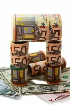 Monetary denominations of different advantage on a white background Foto stock
