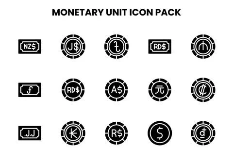 Monetary Unit Glyph Bundle Icons Pack 库存插图