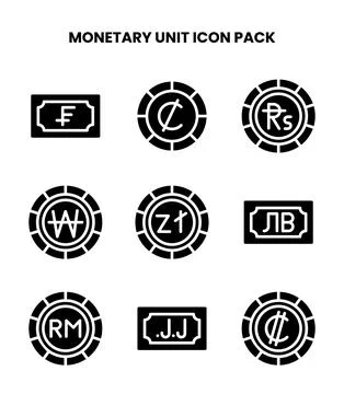 Monetary Unit Glyph Design Icons Pack 库存插图